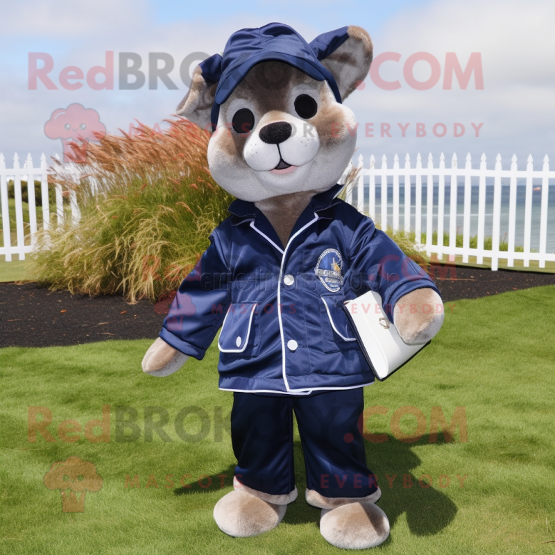 Navy Graveyard mascot costume character dressed with a Windbreaker and Clutch bags