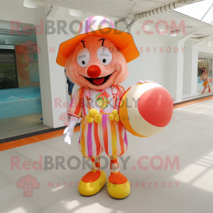 Peach Clown mascot costume character dressed with a Swimwear and Clutch bags