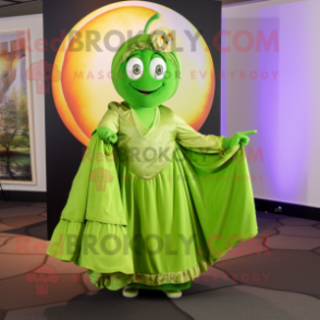 Lime Green Apple mascot costume character dressed with a Circle Skirt and Shawls