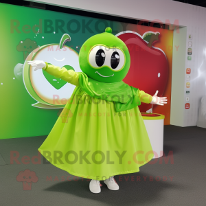 Lime Green Apple mascot costume character dressed with a Circle Skirt and Shawls