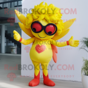 Lemon Yellow Cupid mascot costume character dressed with a Bodysuit and Eyeglasses