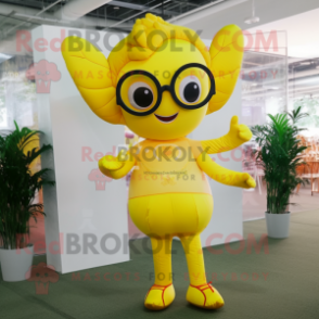 Lemon Yellow Cupid mascot costume character dressed with a Bodysuit and Eyeglasses