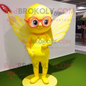 Lemon Yellow Cupid mascot costume character dressed with a Bodysuit and Eyeglasses