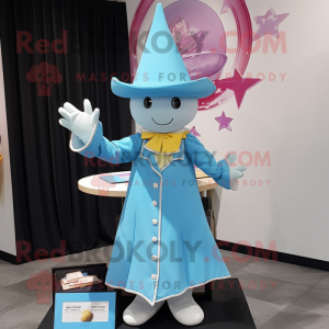 Sky Blue Magician mascot costume character dressed with a Skirt and Pocket squares