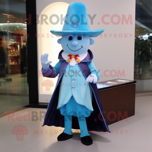 Sky Blue Magician mascot costume character dressed with a Skirt and Pocket squares