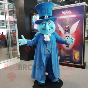 Sky Blue Magician mascot costume character dressed with a Skirt and Pocket squares