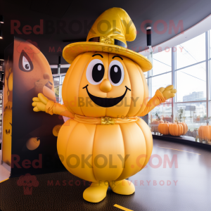 Gold Pumpkin mascot costume character dressed with a Dress and Berets