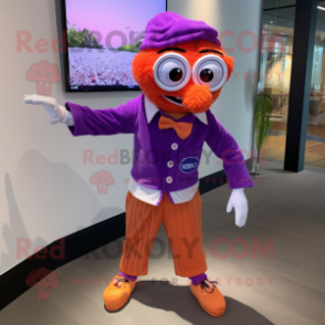 Purple Clown Fish mascot costume character dressed with a Button-Up Shirt and Eyeglasses