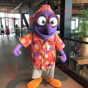 Purple Clown Fish mascot costume character dressed with a Button-Up Shirt and Eyeglasses