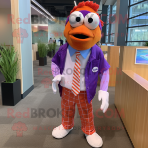 Purple Clown Fish mascot costume character dressed with a Button-Up Shirt and Eyeglasses