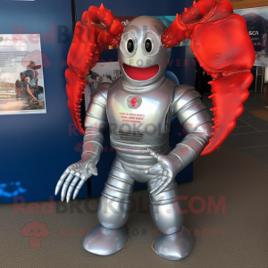 Silver Lobster mascot costume character dressed with a Rash Guard and Keychains