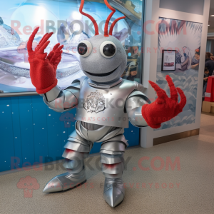 Silver Lobster mascot costume character dressed with a Rash Guard and Keychains