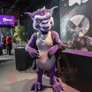 Purple Gargoyle mascot costume character dressed with a Tank Top and Earrings