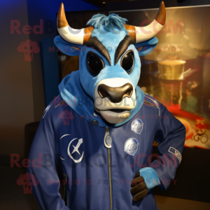 Blue Zebu mascot costume character dressed with a Moto Jacket and Shawl pins