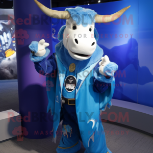 Blue Zebu mascot costume character dressed with a Moto Jacket and Shawl pins