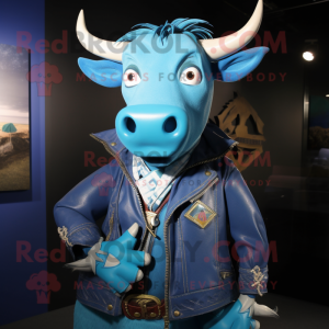 Blue Zebu mascot costume character dressed with a Moto Jacket and Shawl pins
