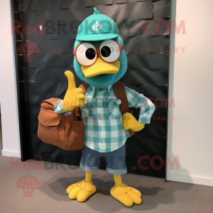 Teal Butter Chicken mascot costume character dressed with a Flannel Shirt and Messenger bags