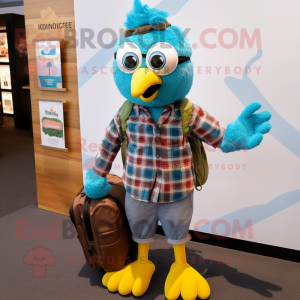 Teal Butter Chicken mascot costume character dressed with a Flannel Shirt and Messenger bags