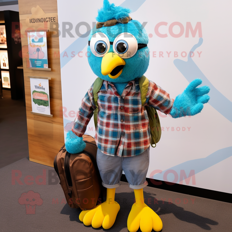 Teal Butter Chicken mascot costume character dressed with a Flannel Shirt and Messenger bags