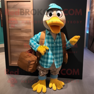 Teal Butter Chicken mascot costume character dressed with a Flannel Shirt and Messenger bags