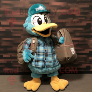 Teal Butter Chicken mascot costume character dressed with a Flannel Shirt and Messenger bags