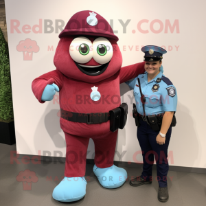 Maroon Police Officer mascot costume character dressed with a Chambray Shirt and Smartwatches