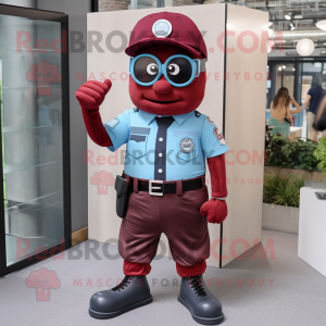 Maroon Police Officer mascot costume character dressed with a Chambray Shirt and Smartwatches