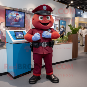 Maroon Police Officer mascot costume character dressed with a Chambray Shirt and Smartwatches