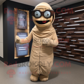 Tan Mummy mascot costume character dressed with a Blazer and Reading glasses