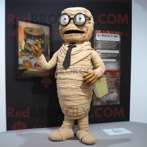 Tan Mummy mascot costume character dressed with a Blazer and Reading glasses