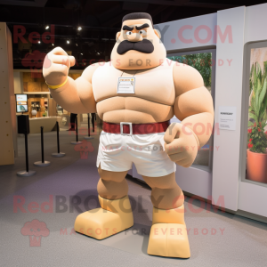 Tan Strongman mascot costume character dressed with a Joggers and Bracelets