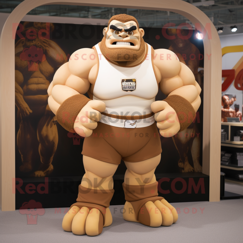 Tan Strongman mascot costume character dressed with a Joggers and Bracelets Tan Strongman mascot costume character dressed with a Joggers and Bracelets