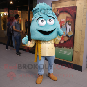 Teal Biryani mascot costume character dressed with a Jeans and Foot pads