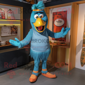 Teal Biryani mascot costume character dressed with a Jeans and Foot pads