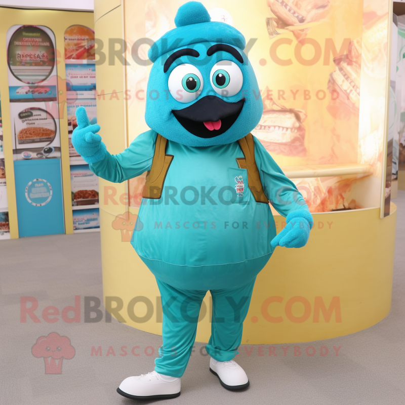 Teal Biryani mascot costume character dressed with a Jeans and Foot pads