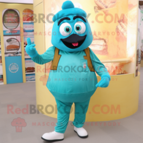 Teal Biryani mascot costume character dressed with a Jeans and Foot pads