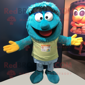 Teal Biryani mascot costume character dressed with a Jeans and Foot pads