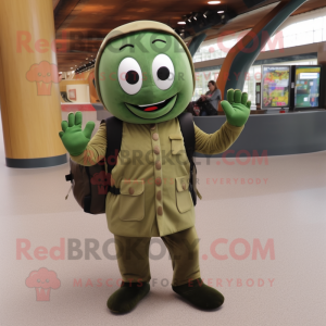 Olive Green Bean mascot costume character dressed with a Moto Jacket and Messenger bags
