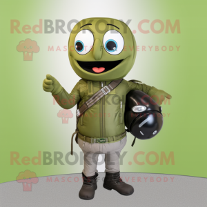Olive Green Bean mascot costume character dressed with a Moto Jacket and Messenger bags