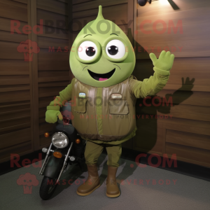 Olive Green Bean mascot costume character dressed with a Moto Jacket and Messenger bags