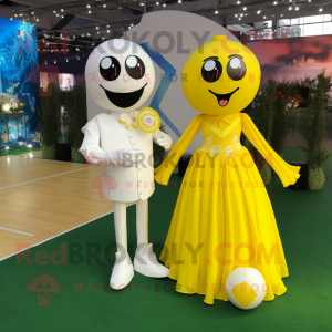 Yellow Soccer Ball mascot costume character dressed with a Wedding Dress and Keychains