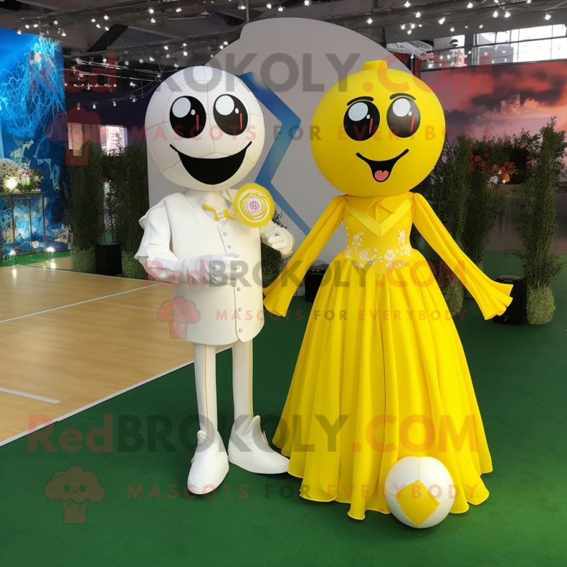 Yellow Soccer Ball mascot costume character dressed with a Wedding Dress and Keychains