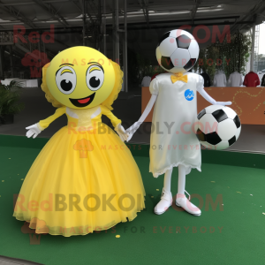 Yellow Soccer Ball mascot costume character dressed with a Wedding Dress and Keychains
