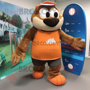 Brown Orange mascot costume character dressed with a Board Shorts and Shoe clips