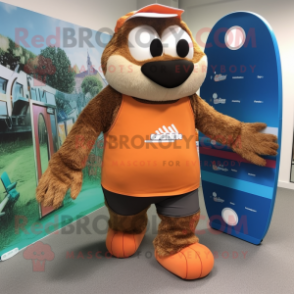 Brown Orange mascot costume character dressed with a Board Shorts and Shoe clips
