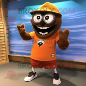 Brown Orange mascot costume character dressed with a Board Shorts and Shoe clips