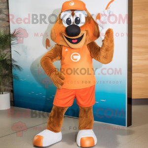 Brown Orange mascot costume character dressed with a Board Shorts and Shoe clips