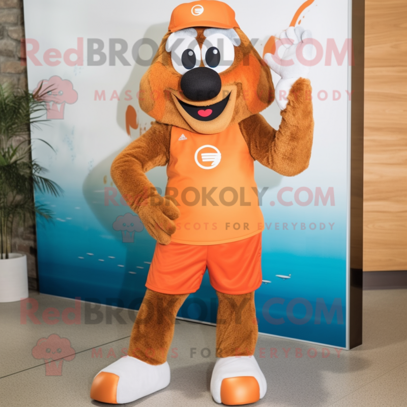 Brown Orange mascot costume character dressed with a Board Shorts and Shoe clips Brown Orange mascot costume character dressed with a Board Shorts and Shoe clips