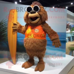 Brown Orange mascot costume character dressed with a Board Shorts and Shoe clips