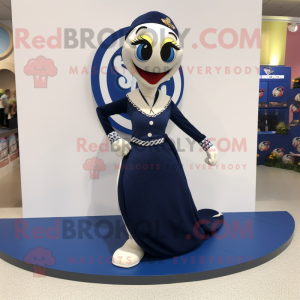 Navy Snake mascot costume character dressed with a Maxi Skirt and Shoe clips